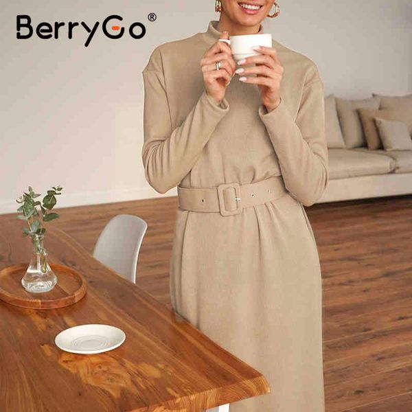 

berrygo straight women solid warm dress knitted long sleeve midi autumn chic streetwear belt ladies work 210513, Black;gray