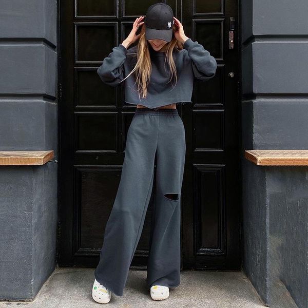 

women's two piece pants 3 color sweet long-sleeved nine-point pullover blouse casual cutout high-waist wide-leg 2021 autumn sports wome, White