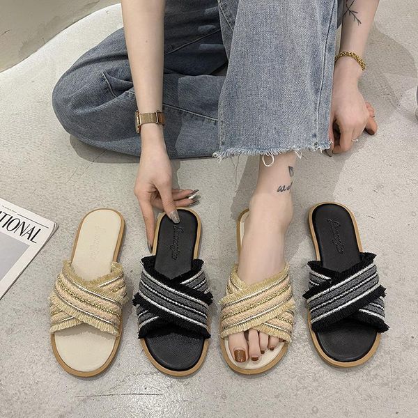 

slippers women's summer korean style flip flops outer wear fashion lazy lady sandals 2021, Black