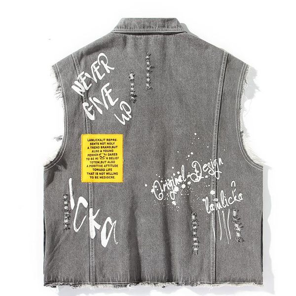 

men's vests autumn mens graffiti letter print vest jacket hole korean style casual loose sleeveless turn-down collar fashion, Black;white