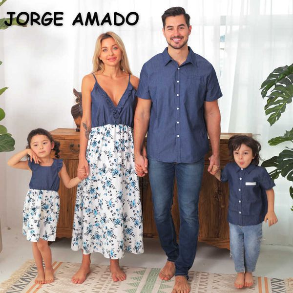 

summer family matching 5-pcs sets floral dress shirts bodysuit mom dad baby boys girl clothes e322 210610, Blue