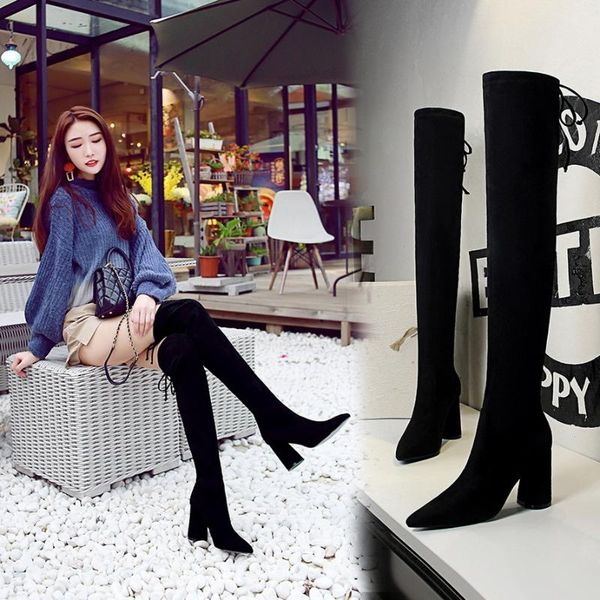 

boots over the knee women shoes winter stretch keep warm high heels long shoeselastic band, Black