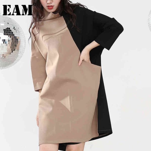 

[eam] spring winter high collar long sleeve hit color loose large size sweatshirt dress women fashion jk39901 21512, Black;gray