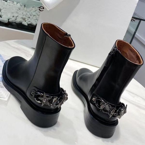 

boots woman real leather ankle black stars crystal chains designer brand women round toe low heels casual flat short