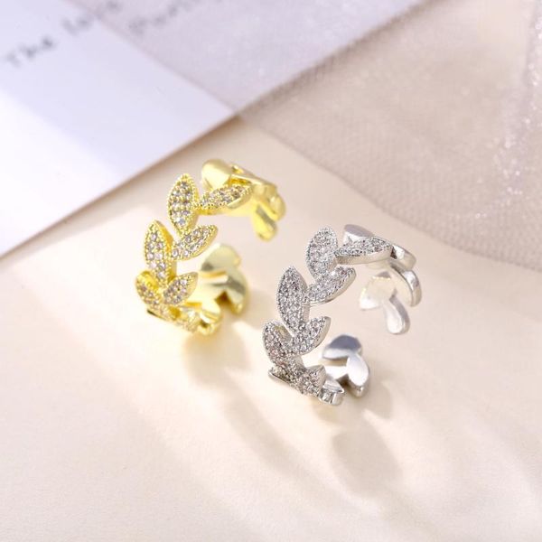 

cluster rings korean fashion jewelry exquisite copper inlaid zircon leaf wheat ear ring elegant women wedding prom opening adjustable, Golden;silver