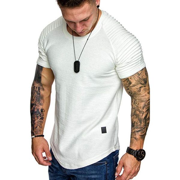 

sleeved mens neck shoulder pleated short design round t shirt slim fit man curved hem skinny hip hop tshirt st, White;black