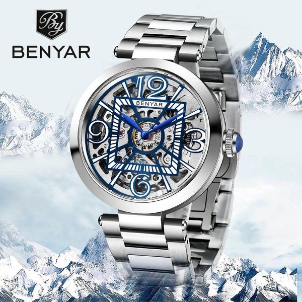 

wristwatches 2021 benayr mens mechanical watches for men luxury automatic watch waterproof steel business relogio masculino, Slivery;brown