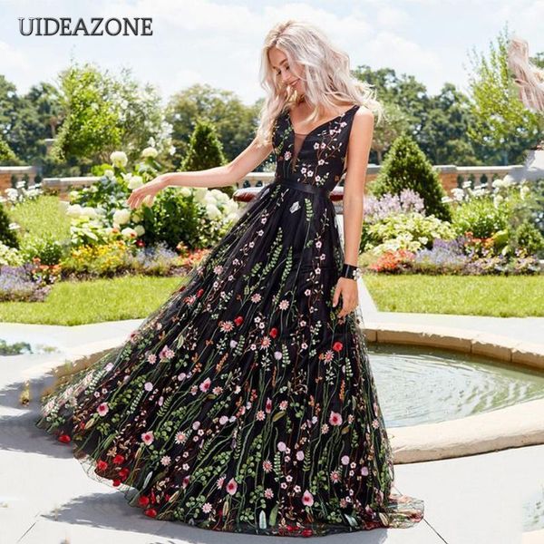 

casual dresses uideazone floral print women dress mesh patchwork v neck ladies floor length 2021 spring summer for evening party, Black;gray