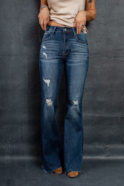 

fashion waist elastic perforated flared pants flare jeans, Blue