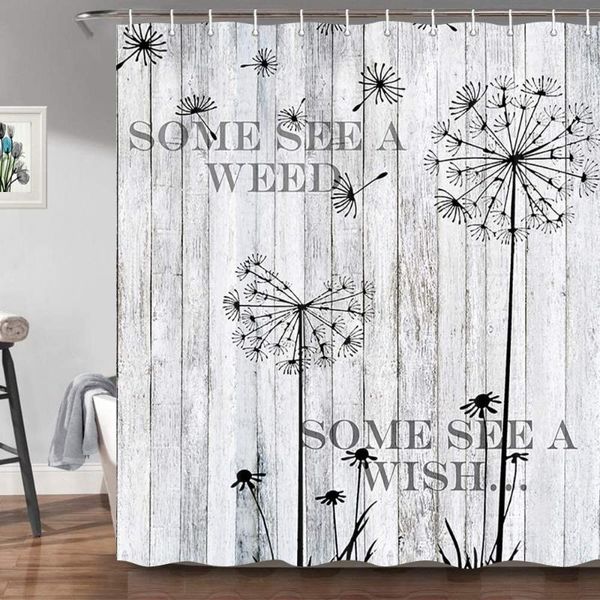 

shower curtains rustic gray wooden barn wall dandelion wish seeds farmhouse wood board decor art plant bathroom bathtub screens
