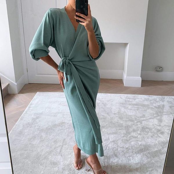 

bandage long women knitted wrap dress autumn winter oversize elegant day v neck knitwear robe 2021 ladies clothes casual dresses, Black;gray