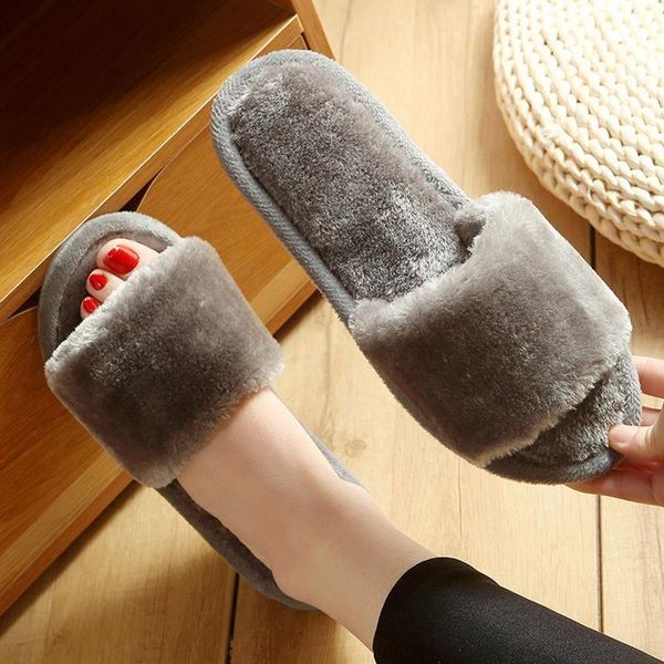 

winter women house slippers faux fur fashion warm shoes woman slip on flats female slides black pink cozy home furry