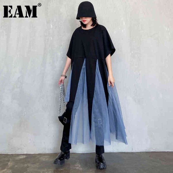 

[eam] women big size blue mesh asymmetrical dress round neck short sleeve loose fit fashion spring summer 1dd6285 21512, Black;gray