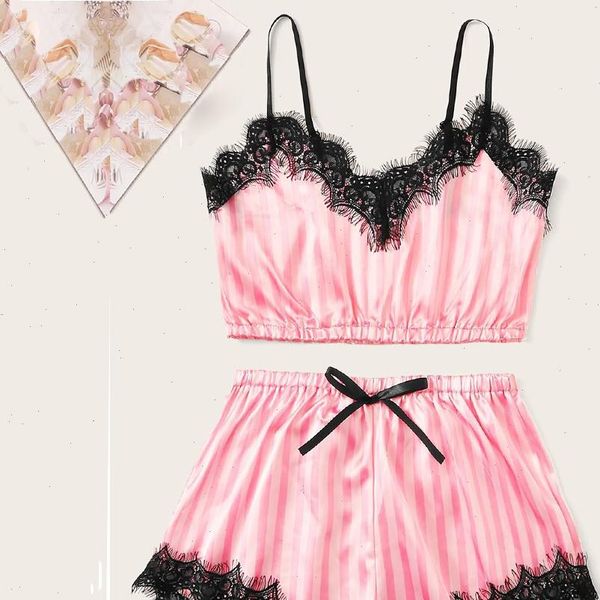 

pyjamas v neck silk lace women sleepwear satin striped camisole pajamas shorts set femme lingerie, Black;red