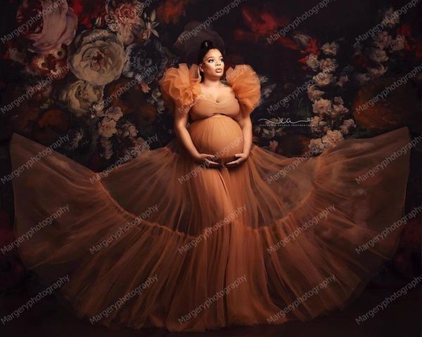 

casual dresses pretty orange tulle ruffles maternity women see thru long robes to po shoot pregnancy dress no bodysuit jfix, Black;gray