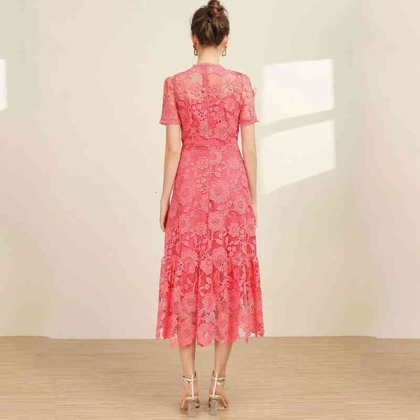 

dress seqinyy pink 2021 summer fashion design feminine short sleeve embroidered hollow flowers elegant midi lace, Black;gray