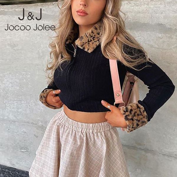 

jocoo jolee fashion leopard print slim knitted sweater zipper cardigans turndown collar long sleeve knitted black jackets 210518, White;black