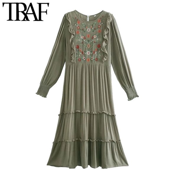 

women chic fashion floral embroidery ruffled midi dress vintage long sleeve back zipper female dresses mujer 210507, Black;gray