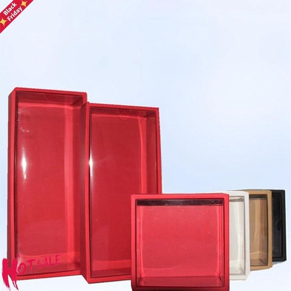 

10pcs white kraft paper gift box with transparent pvc window black cake boxes red wedding cookie candy packaging wrap