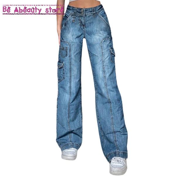

women's jeans women high waist fashion pockets patchwork baggy cargo pants summer oversize korean vintage denim streetwear, Blue