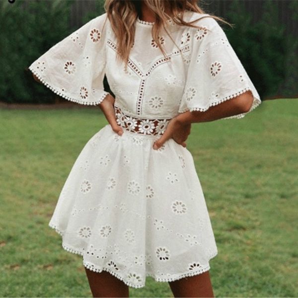

new arrivals white cotton dress crochet hollow out dress women flare sleeve cotton embroidery mini dress summer day, Black;gray