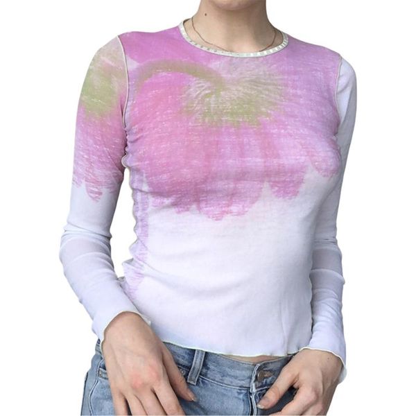 

women's t-shirt hirigin women t shirt spring autumn casual long sleeve goth fashion flower printed o-neck y2k, White