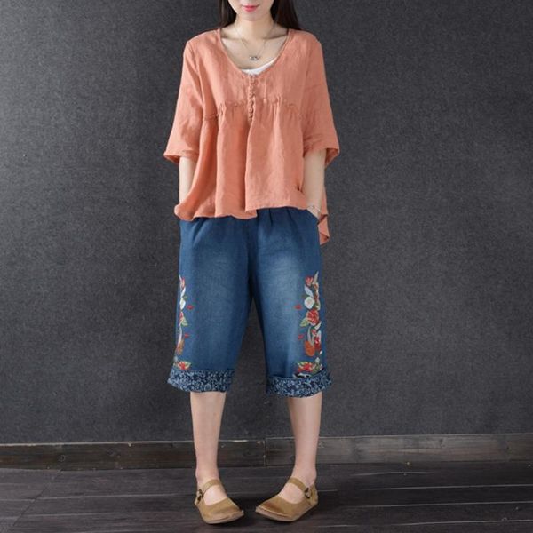 

women's blouses & shirts 2021 summer women vintage cotton linen blouse v-neck half sleeve loose solid cardigans, White