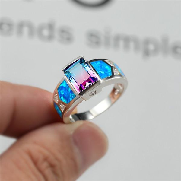 

wedding rings charm female crystal blue purple stone ring silver color for women promise love fire opal engagement, Slivery;golden