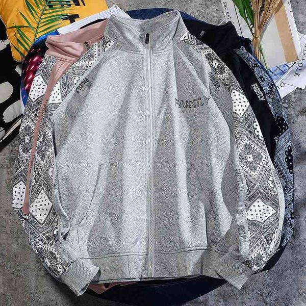 

2021 autumn new cashew blossom zipper cardigan loose national fashion sweater stand collar coat trend men's wear, Black