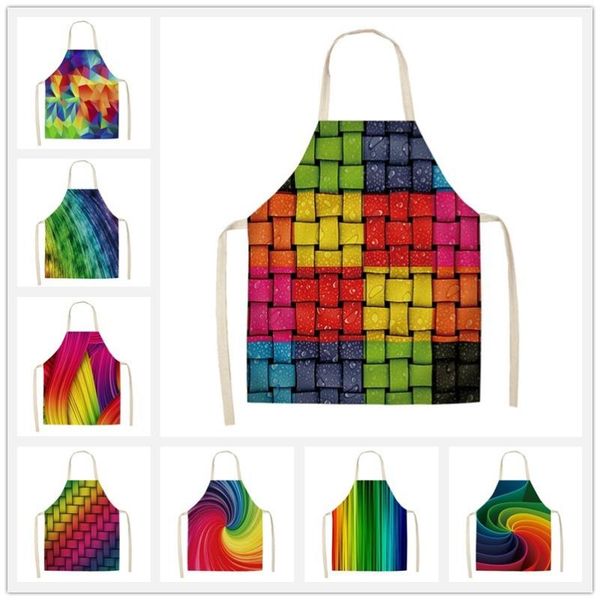 

1pcs rainbow colorful geometric kitchen apron for women cotton linen bib household cleaning pinafore cooking 53*65cm q0001 aprons