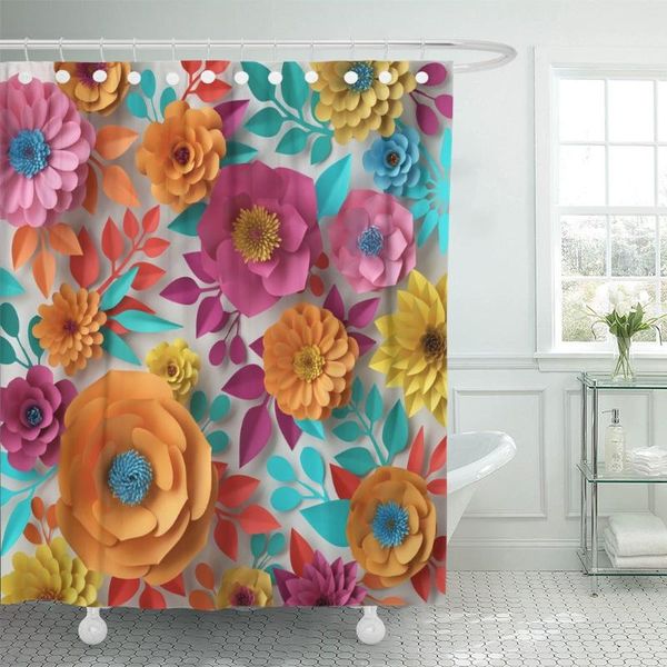 

render digital colorful flowers spring summer floral bouquet waterproof polyester set with hooks shower curtains
