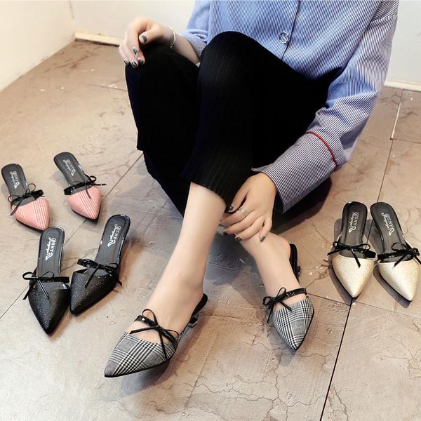 

dress shoes women 2021 ladies flat slip-on summer sandals middle heels stiletto half slippers bow slingbacks gold plaid rome, Black
