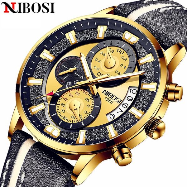 

wristwatches nibosi watches mens 2021 military genuine leather waterproof chronograph watch for men relogio masculino, Slivery;brown