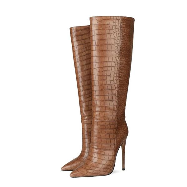 

boots women wide calf knee high crocodile pattern thin heel shoes, Black