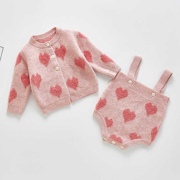 

spring autumn infant baby girls knit long sleeve loving heart coat + braces rompers clothing sets kids boy girl suit clothes, White