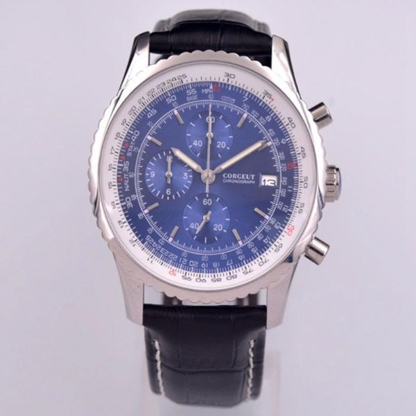 

wristwatches corgeut 46mm mens watch leather strap vk chronograph quartz blue dial auto date luminous wristwatch men, Slivery;brown
