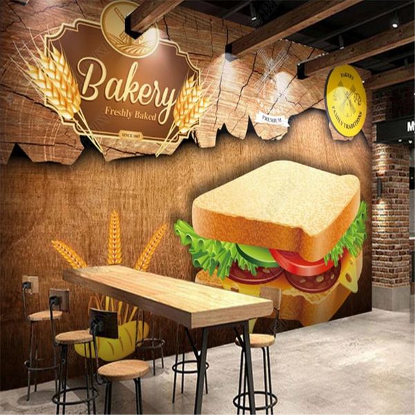 

wallpapers custom 3d wood grain bread pastry western restaurant industrial decor snack bar background wall paper mural