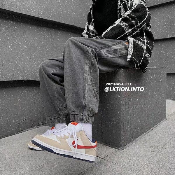 

men's jeans 2021 trend pants spring and autumn port style retro casual trousers loose-fitting cropped, Blue
