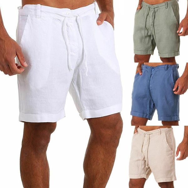 

men's shorts 2021 casual fashion flax linen solid color short trousers male summer beach breathable high quality, White;black