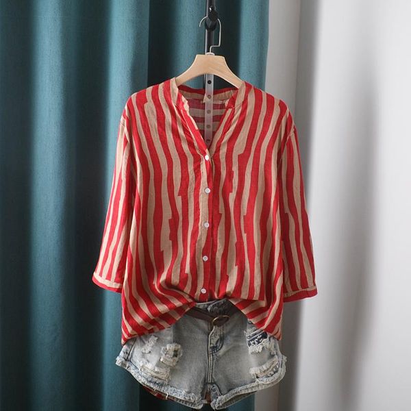 

women's blouses & shirts v-neck stripe shirt summer female mori girl, White