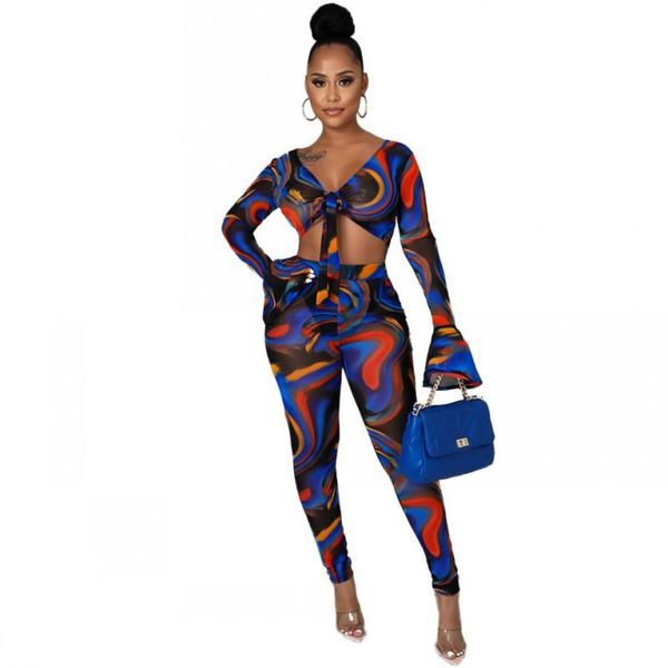 

women's two piece pants suits set women print bandage shirts and pencil trousers matching fall party clubwear outfit, White