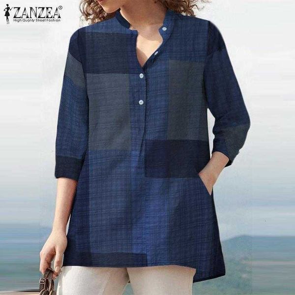 

women's blouses & shirts blouses plus size vintage check button blouse kaftan casual 3/4 sleeve blusas female o neck tunic w1xn, White
