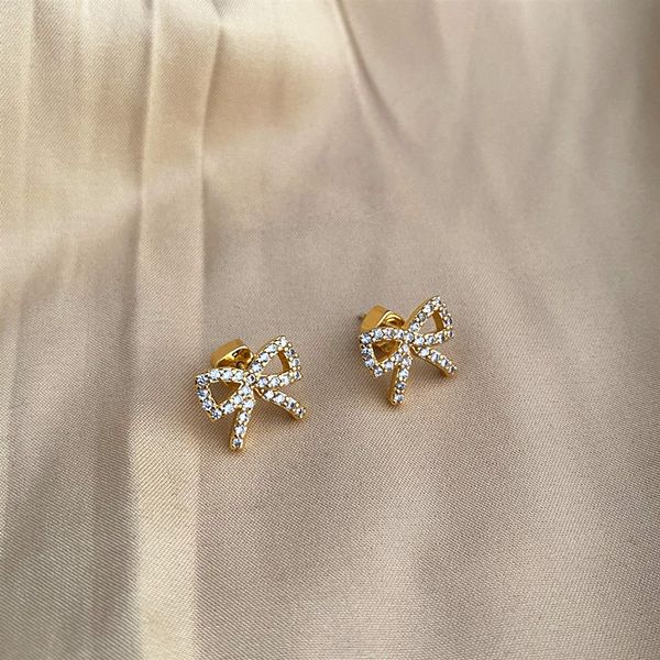 

fashionable small bow stud flashing diamonds micro-inlaid light luxury womens earrings party gifts, Golden;silver