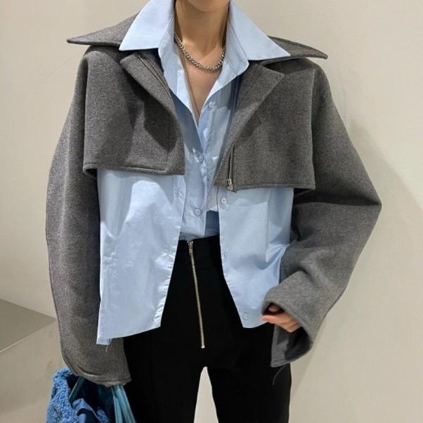 

women's jackets [ewq] korean chic autumn winter casual lapel versatile thin long sleeve foreign style short personalized woolen coat wo, Black;brown