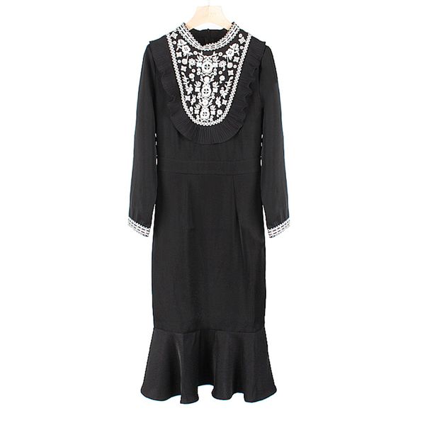 

black o neck floral embroidery long sleeve mermaid dress knee length ruffle spring autumn d2103 210514, Black;gray