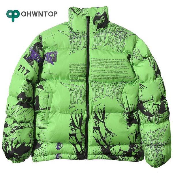 

men's down & parkas 2021 hip hop jacket parka japanese cartoon graffiti streetwear men windbreaker harajuku winter padded coat warm out, Black
