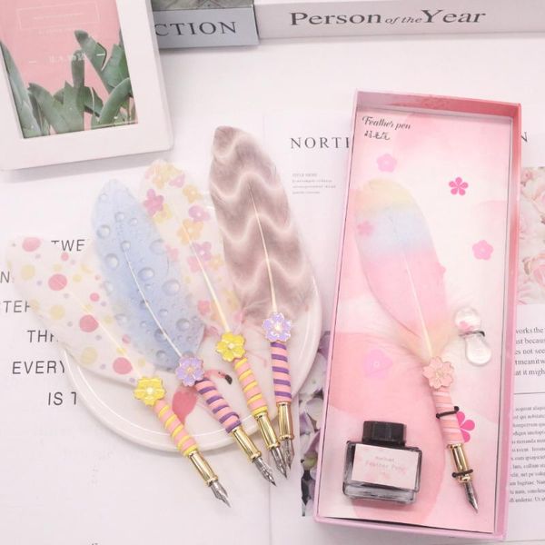 

pink feather pen set simple metal dip gift girl heart box novelty stationery fountain pens