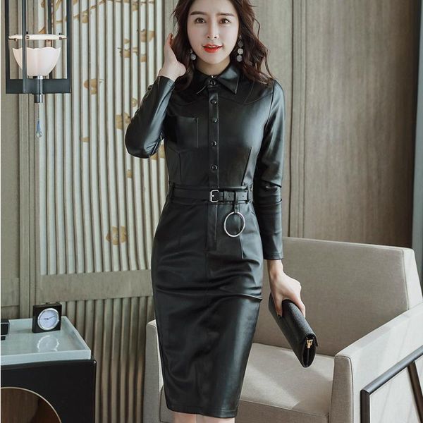 

casual dresses women pu leather zippers faux dress elasticity slim turn down collar black midi robe, Black;gray
