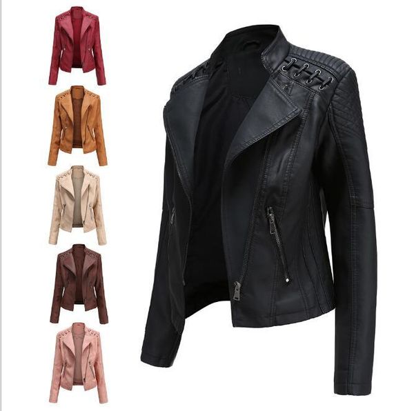

high-quality slim autumn women's leather jacket thin section small ladies pu motorcycle suit & faux, Black