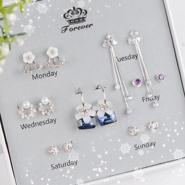 

925 pure nail ring set one week earrings acrylic lovely girl silver ear pendant gift female, Black